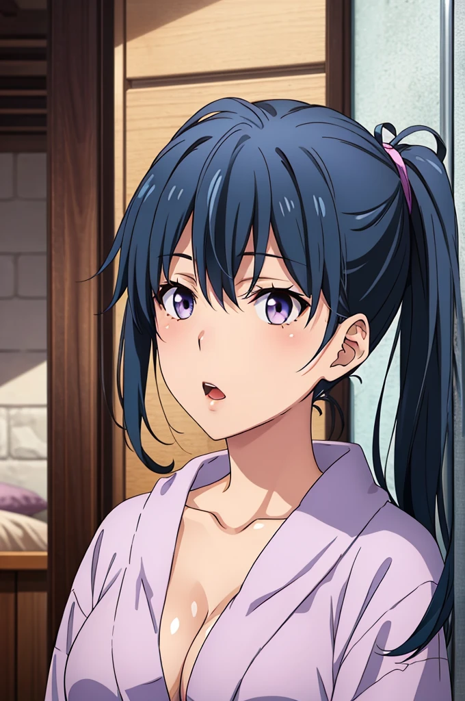 ((Highest quality, High resolution,  Pixel perfect,  4K)), (1 person),  (Beautiful Anime), 
Observe the audience, 
Perfect body,  Adult woman long hair　,  Bright blue hair　、Side part　、　ponytail　、Super big breasts　　、　Purple eyes　、　Detailed eyes、Let your hair down、

(blush),  Embarrassing　、Climax　、Please open your mouth slightly、Provocative look　、
(Bathrobe 1.2) 　、　Cleavage　　、
Cowboy Shot　、　first round　、noon、