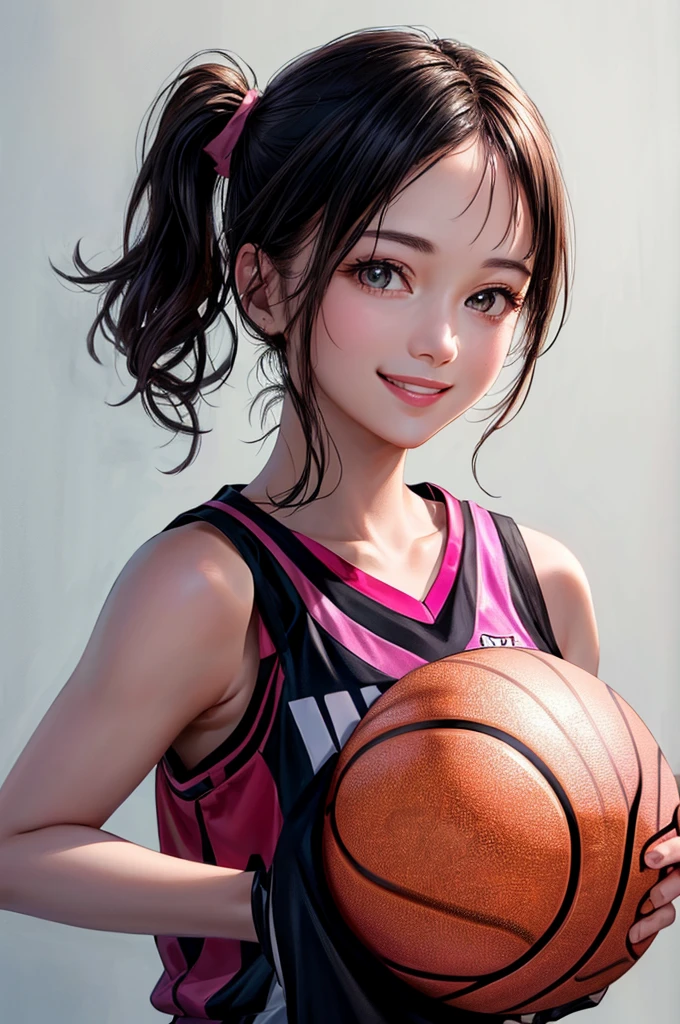 (((Highest quality、8k、32K、masterpiece)))、(Realistic)、(Realistic:1.2)、(High resolution)、Very detailed、Very beautiful face and eyes、1 person、Round and small face、Tight waist、Delicate body、(close、Highest quality、Attention to detail、Rich skin detail)、(Highest quality、8k、Oil paints:1.2)、Very detailed、(Realistic、Realistic:1.37)、Bright colors、(((Black Hair)))、(((Cowboy Shot)))、(((Medium Hair)))、(((Side Ponytail)))、(((Pure white wall background)))、(((Wearing a basketball uniform)))、(((black and pink basketball outfit)))、(((smile)))、(((1 female)))、(((Tank top style uniform)))、