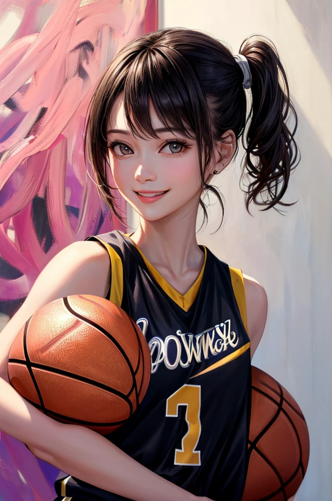 (((Highest quality、8k、32K、masterpiece)))、(Realistic)、(Realistic:1.2)、(High resolution)、Very detailed、Very beautiful face and eyes、1 person、Round and small face、Tight waist、Delicate body、(close、Highest quality、Attention to detail、Rich skin detail)、(Highest quality、8k、Oil paints:1.2)、Very detailed、(Realistic、Realistic:1.37)、Bright colors、(((Black Hair)))、(((Cowboy Shot)))、(((Medium Hair)))、(((Side Ponytail)))、(((Pure white wall background)))、(((Wearing a basketball uniform)))、(((black and pink basketball outfit)))、(((smile)))、(((1 female)))、(((Tank top style uniform)))、