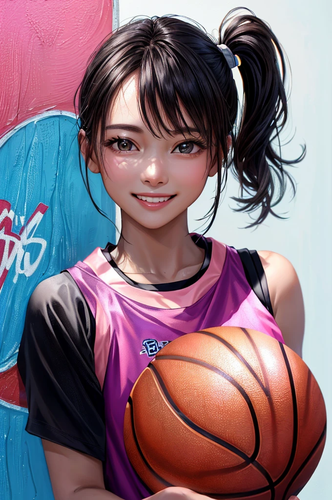 (((Highest quality、8k、32K、masterpiece)))、(Realistic)、(Realistic:1.2)、(High resolution)、Very detailed、Very beautiful face and eyes、1 person、Round and small face、Tight waist、Delicate body、(close、Highest quality、Attention to detail、Rich skin detail)、(Highest quality、8k、Oil paints:1.2)、Very detailed、(Realistic、Realistic:1.37)、Bright colors、(((Black Hair)))、(((Cowboy Shot)))、(((Medium Hair)))、(((Side Ponytail)))、(((Pure white wall background)))、(((Wearing a basketball uniform)))、(((black and pink basketball outfit)))、(((smile)))、(((1 female)))、(((Tank top style uniform)))、