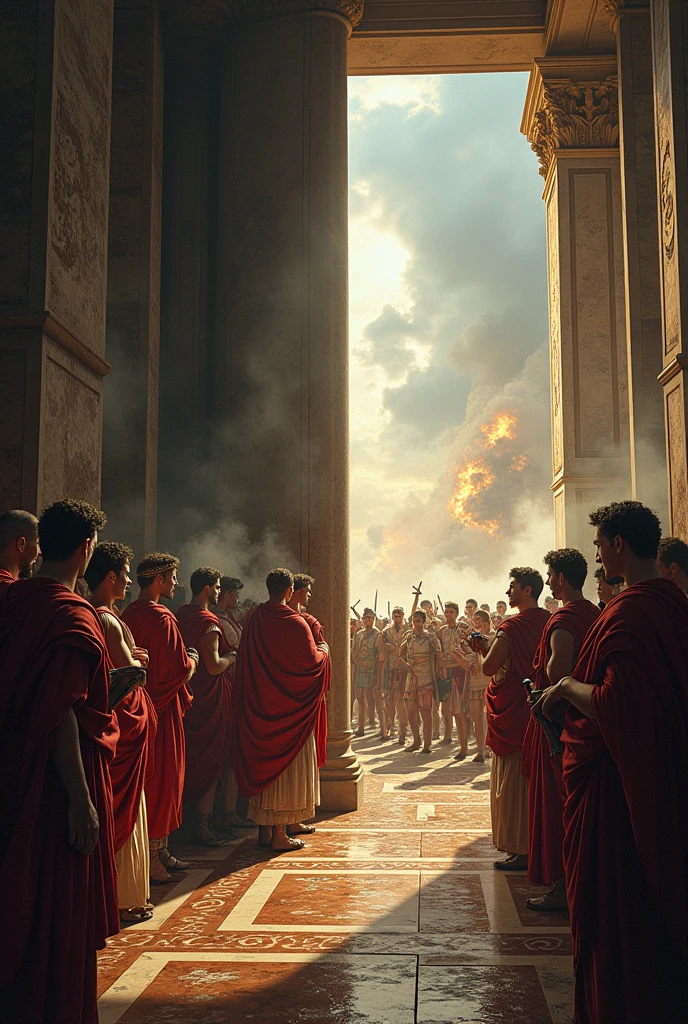 The Internal Collapse of Rome
A split scene showing the contrast between the grandeur of the Roman Senate and the chaos of a battlefield. On one side, senators argue and conspire in an opulent hall, while on the other, Roman soldiers struggle against each other, representing internal strife and division. The image is dark and moody, with a sense of inevitable collapse.