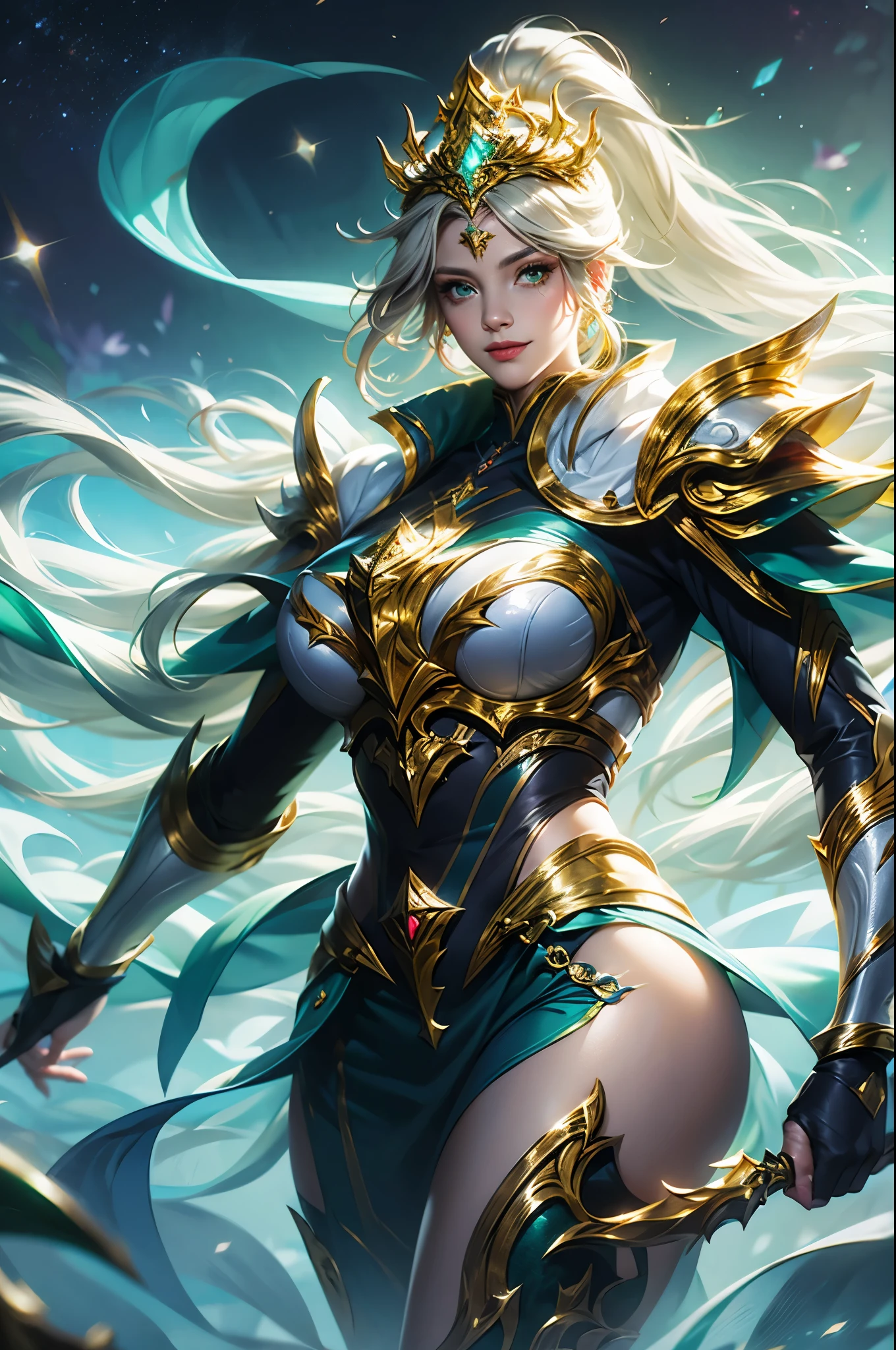 Ultra HD、Ultra-clear、White and beautiful translucent skin、Beautiful and well-proportioned face、Cute smile、Saint Seiya of Libra、Covers the whole body in silver armor、A holy knight in silver armor、Platinum tiara、Silver armor covered in flashy carvings、Heavy silver armor、Translucent beautiful green eyes、Blonde Short-Haired、Big Breasts、Outer space background、ponytail、