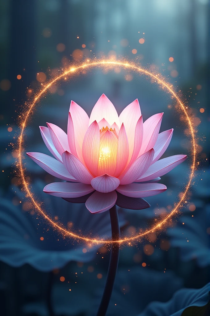 Un logo très détaillé d'une belle fleur de lotus sans tige revisité améliorée encore jamais vue, des étincelles et des lueurs doré dans un cercle double parois
Couleur pastel ton bleutée violet rose doré