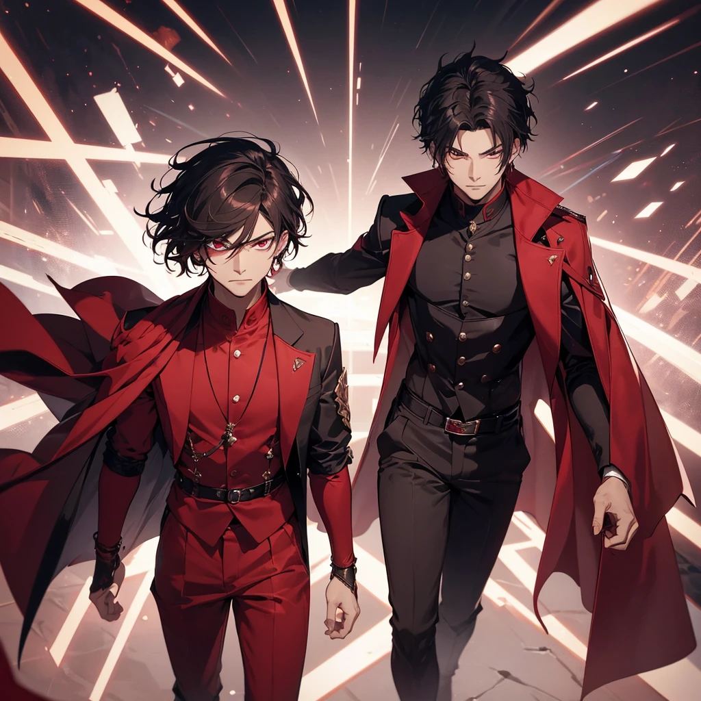 A young light latin man with finds himself in a dark fantasy. The predominant color is crimson. He has a serious and fierce expression and a curious presence. His name is Kaze and he is fierce. with elegant style and great ambitions. full body image