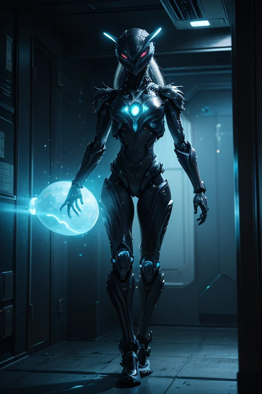 A biomechanical alien being resembling something between a human female and a wolf alpha male, built from alien technology, materials, organic matter, has bioluminescent parts of the body particularly the eyes and joints, a majestic half organic and half robotic being standing in a hall in an alien spaceship that has never seen before alien design and superb technology made from high tech materials unknown to humans, the whole scene is illuminated by advanced plasma lights, hyper detailed, UE5, perfect lighting, superbly shadowed, raytraced, rendered with all time ultra high graphic power, UHD, 64k