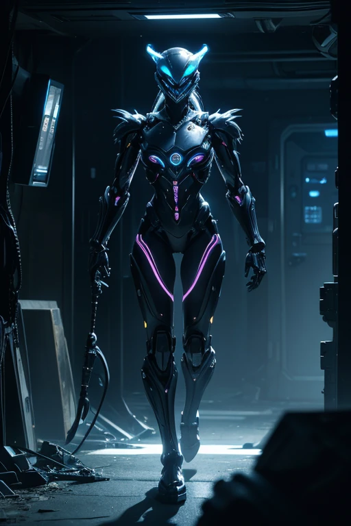 A biomechanical alien being resembling something between a human female and a wolf alpha male, built from alien technology, materials, organic matter, has bioluminescent parts of the body particularly the eyes and joints, a majestic half organic and half robotic being standing in a hall in an alien spaceship that has never seen before alien design and superb technology made from high tech materials unknown to humans, the whole scene is illuminated by advanced plasma lights, hyper detailed, UE5, perfect lighting, superbly shadowed, raytraced, rendered with all time ultra high graphic power, UHD, 64k