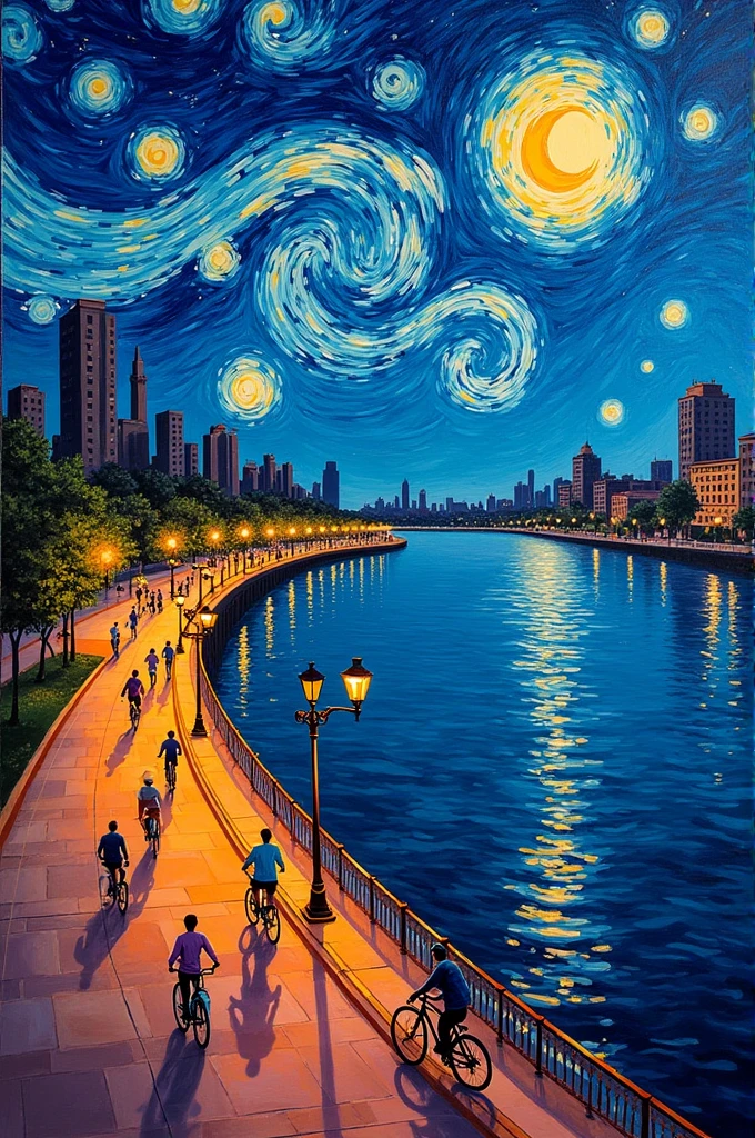 Painting of the Malecon in the city of Guayaquil in the style of Van Gogh's Starry Night