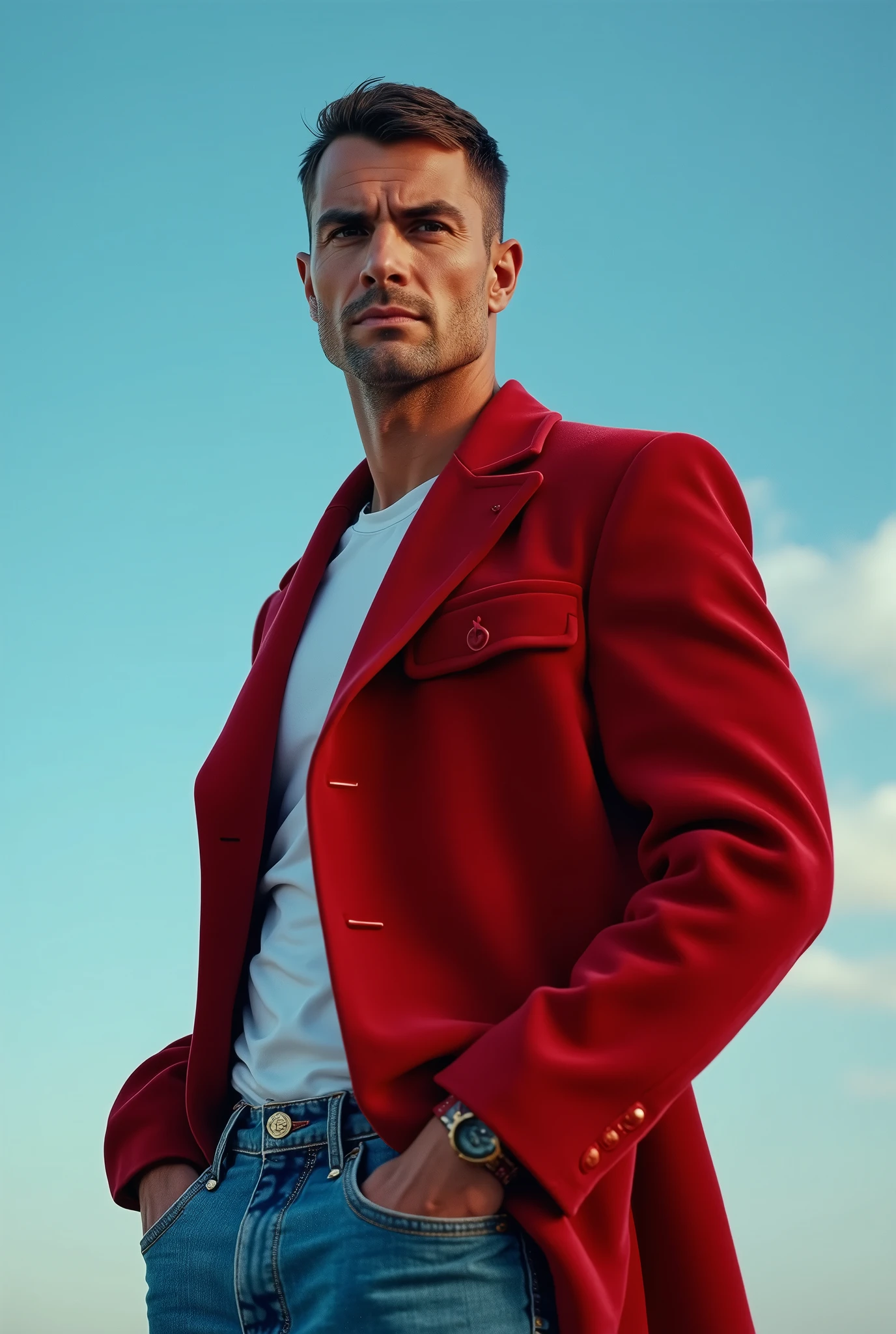 A handsom man in red, photo in the style of Patrick Demarchelier.
(Dressed in a red velvet jacket and blue jeans:1.2),Tall and fit , ( 40 years old :1.2), (shaven:1.2), (very short brown hair:1.3), ((very short hair:1.3)).
in the style of ethereal beauty, Realistic blue sky, Hasselblad 1600F, Hyperrealistic portrait, couleurs vives, Lignes dynamiques, lisse et poli .