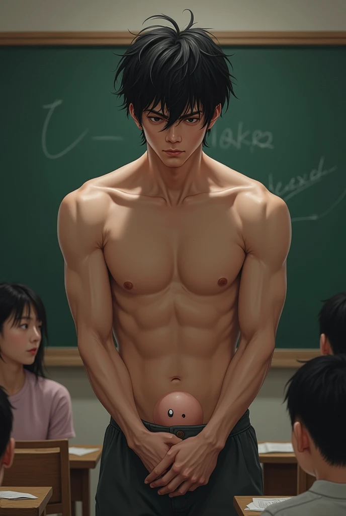 1boy、Cute handsome man、Japanese male, 、handsome man、Mash Hair、Completely naked、Full nudity、erection、Huge penis、Highest quality、Realistic、beautiful、Sad look、Cover your penis with both hands、In front of the blackboard in the classroom、Many students、完全Completely naked