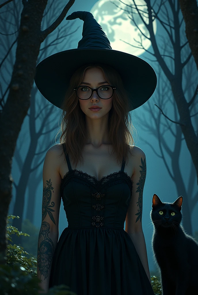 A witch with a hat in a forest at night with a full moon A brown-haired woman with straight hair without bangs, long, medium-textured hair, light brown eyes, eyelashes, oval face, a little big nose, tattoos, white with square glasses, black frame and her witch&#39;s knot with her black cat 