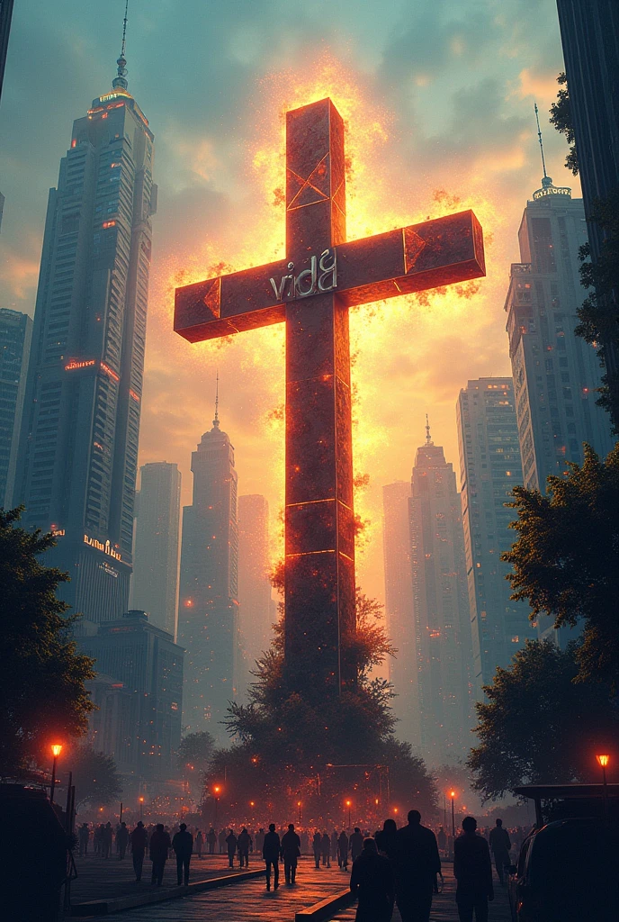 Image with the word LIFE in Spanish for Christians with a cross and an urban-style city