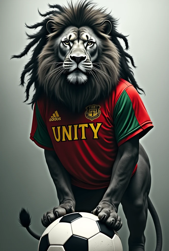create an image of a black and white lion with dreadlocks in his mane with the colors red and green standing and stepping on a soccer ball dressed in a soccer team uniform without a shield or markings with the colors red and green written large on the BABA shirt UNITY