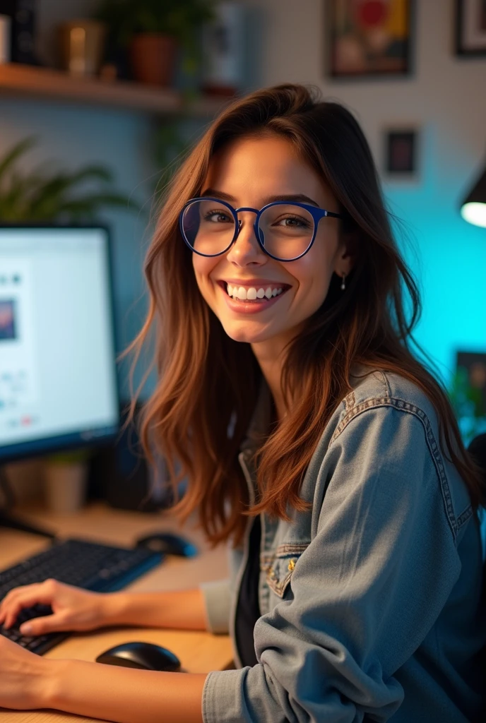 A brunette woman with long hair, dark brown and parted on the side, WEARING BLUE GLASSES, com olhos castanhos, rounded face, Grinning, friendly, happy, working in your computer studio, with casual clothes