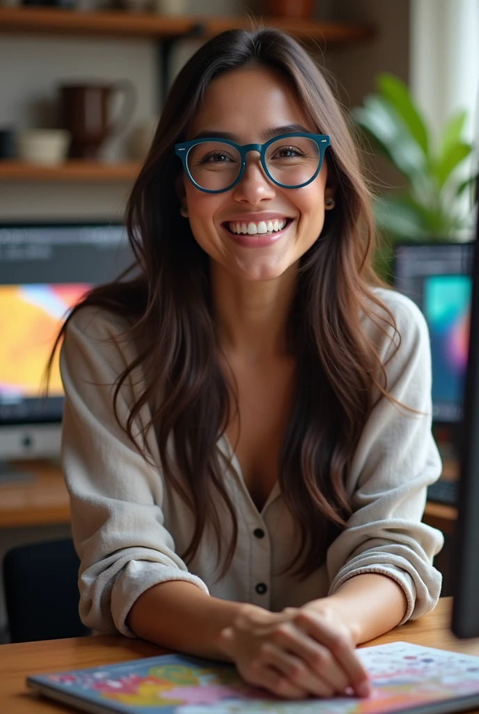 A brunette woman with long hair, dark brown and parted on the side, WEARING BLUE GLASSES, com olhos castanhos, rounded face, Grinning, friendly, happy, working in your computer studio, with casual clothes