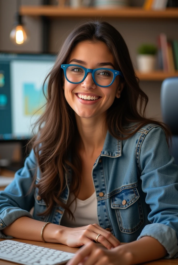 A brunette woman with long hair, dark brown and parted on the side, WEARING BLUE GLASSES, com olhos castanhos, rounded face, Grinning, friendly, happy, working in your computer studio, with casual clothes