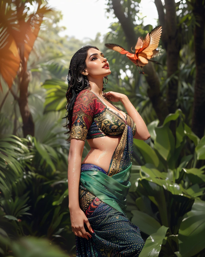 araffe woman in a sari posing in a forest, amidst nature, looking majestic in forest, traditional beauty, wearing an elegant tribal outfit, with beautiful exotic, in jungle, dressed in a sari, in a jungle, attractive pose, wearing a sari, in a jungle environment, elegant pose, stunning elegant pose, mid shot portrait, lush surroundings, candid picture, big boobs, cleavage show, wet cloth and body