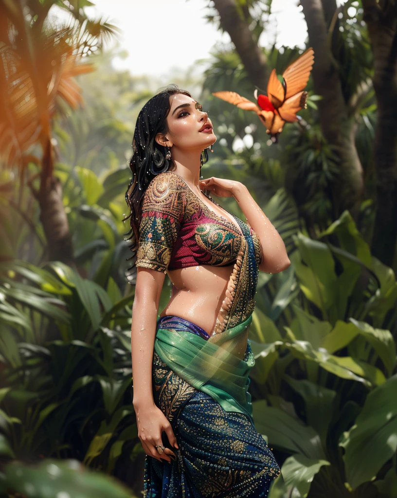 araffe woman in a sari posing in a forest, amidst nature, looking majestic in forest, traditional beauty, wearing an elegant tribal outfit, with beautiful exotic, in jungle, dressed in a sari, in a jungle, attractive pose, wearing a sari, in a jungle environment, elegant pose, stunning elegant pose, mid shot portrait, lush surroundings, candid picture, big boobs, cleavage show, wet cloth and body