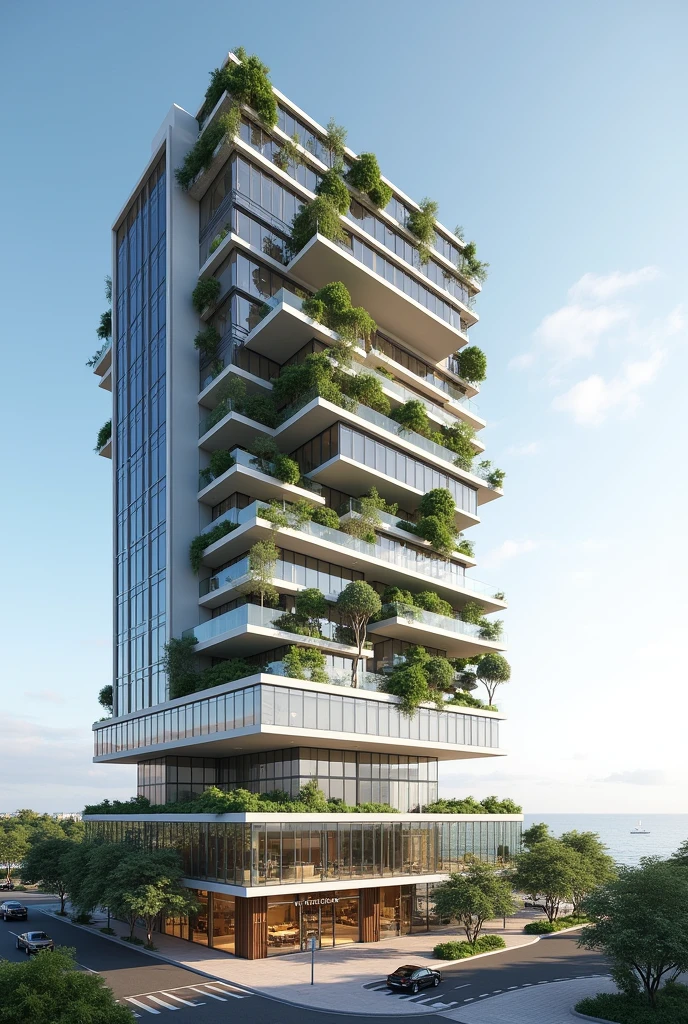 Create a realistic image of a modern building located in Mar del Plata, Argentina, where the César Pelli towers currently stand. The building features a commercial ground floor with various shops and restaurants. Above the commercial base, there are two distinct volumes: one is a stepped, horizontal structure that serves as a hotel, with terraces and green spaces integrated into the design, giving it a cascading effect. The other is a more vertical residential building, with sleek lines and large windows, offering views of the city and ocean. The overall design blends contemporary architecture with a focus on luxury and functionality, harmonizing with the coastal surroundings.