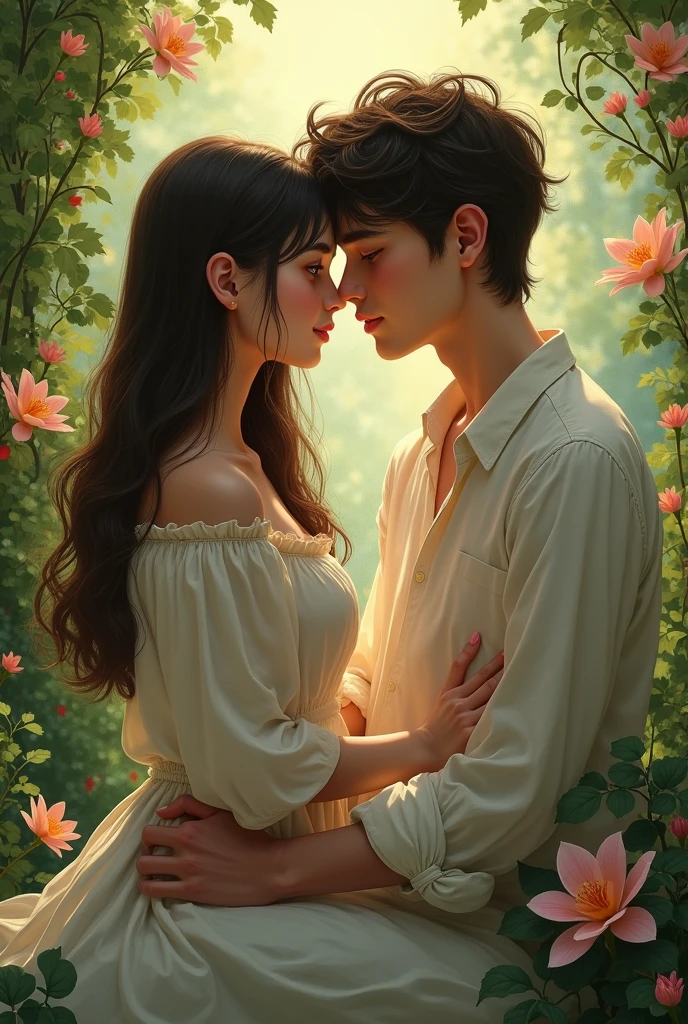 a 20 year old girl with very white skin, long and very straight dark brown hair, dark brown eyes, a 20 year old boy with very white skin, dark brown wavy hair, Brown eyes. They are both sitting in a garden hugging each other