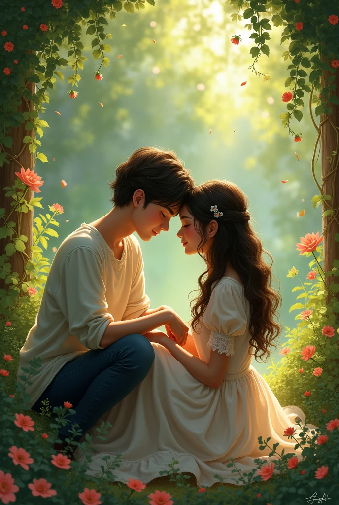 a 20 year old girl with very white skin, long and very straight dark brown hair, dark brown eyes, a 20 year old boy with very white skin, dark brown wavy hair, Brown eyes. They are both sitting in a garden hugging each other