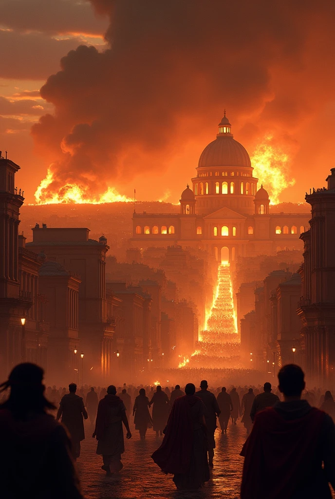 The Final Days of Rome
A panoramic view of Rome burning at night, with fires raging through the city, smoke filling the air, and desperate citizens fleeing. The once-majestic architecture is crumbling, and shadows of invading forces can be seen in the distance. The image conveys a sense of finality and destruction