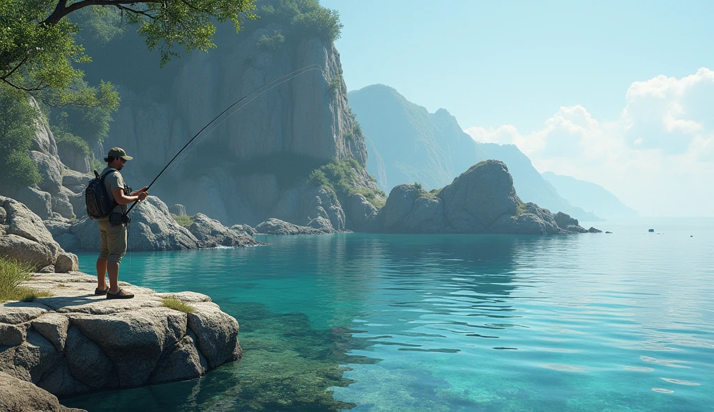 Enjoy fishing, clear water, swimming small fish, rock cliffs, breakwaters