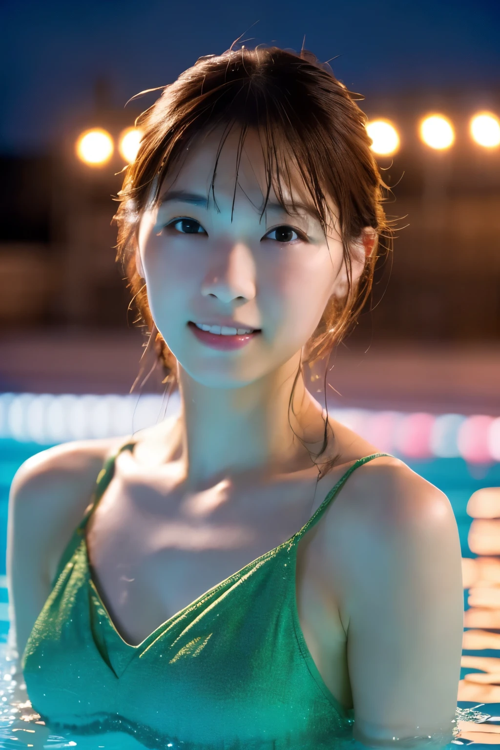 ((masterpiece, highest quality, Highest image quality, High resolution, photorealistic, Raw photo, 8K)), Swimming stadium at night, Japanese lady getting ready in the lights, wet bodies, detailed face, detailed eyes, upper body photo