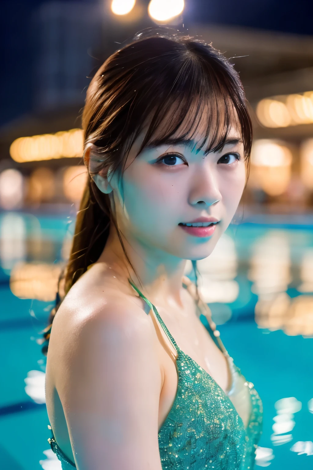 ((masterpiece, highest quality, Highest image quality, High resolution, photorealistic, Raw photo, 8K)), Swimming stadium at night, Japanese lady getting ready in the lights, wet bodies, detailed face, detailed eyes, upper body photo