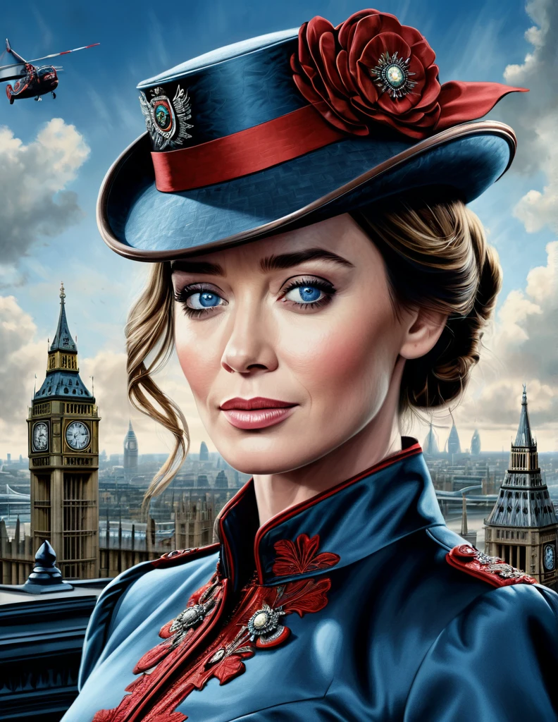 A perfect portrait picture of an enigmatic nany [Mary Poppins:Emily Blunt:0.1] with aerial background of London, insanely detailed and intricate, realistic style, Don Lawrence Style