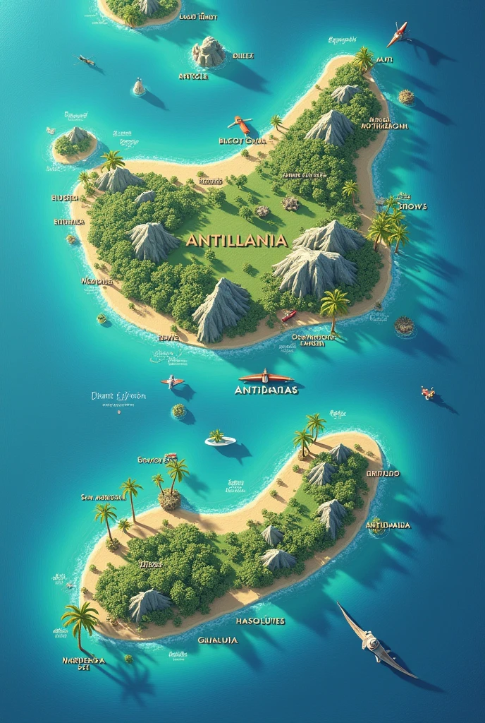 Create a map of the Antilles islands as a single developed state and call it Antillania. The Antilles that should only be included are: : (Monserrat, snows, Antigua, bermuda, marie galat, san cristobal, guadalupe)