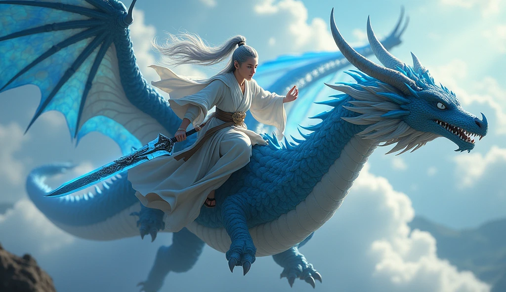 Young cultivator with gray hair, riding a black fire-breathing dragon with blue wings and carrying a black and blue sword.