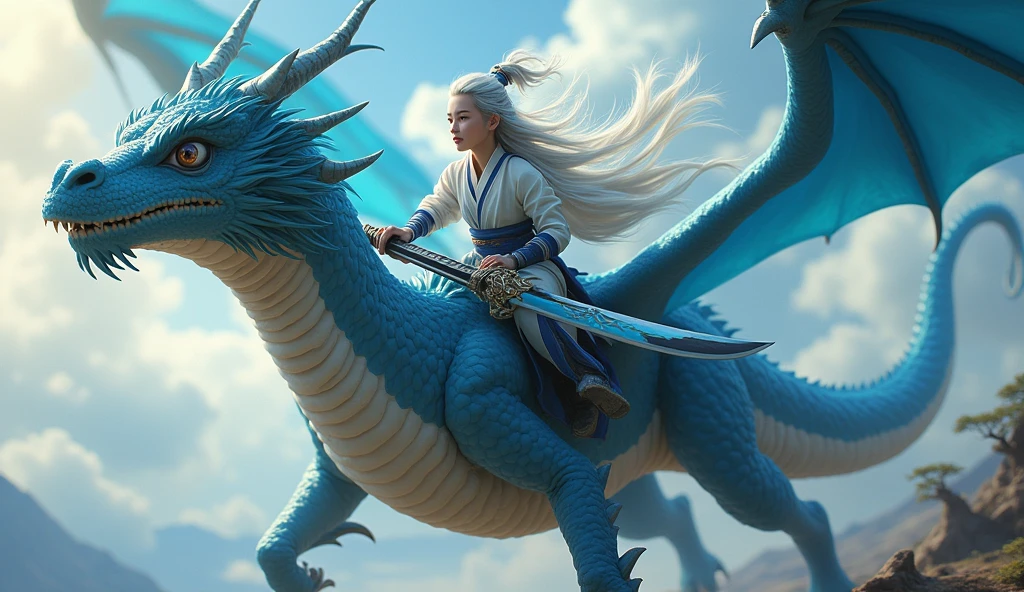 Young cultivator with gray hair, riding a black fire-breathing dragon with blue wings and carrying a black and blue sword.