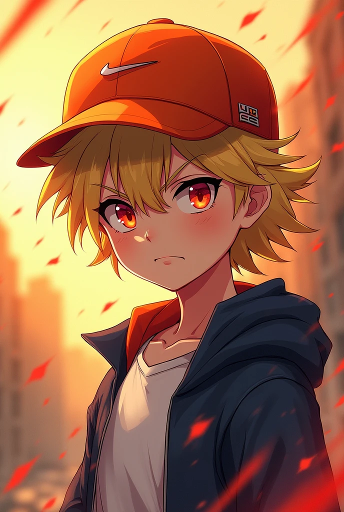 Blonde boy red eyes teenager orange cap anime style