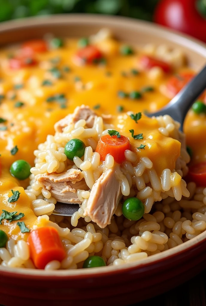 Baked rice with chicken and vegetables: A complete and tasty meal, prepared with rice, shredded chicken, vegetables and cheese gratin