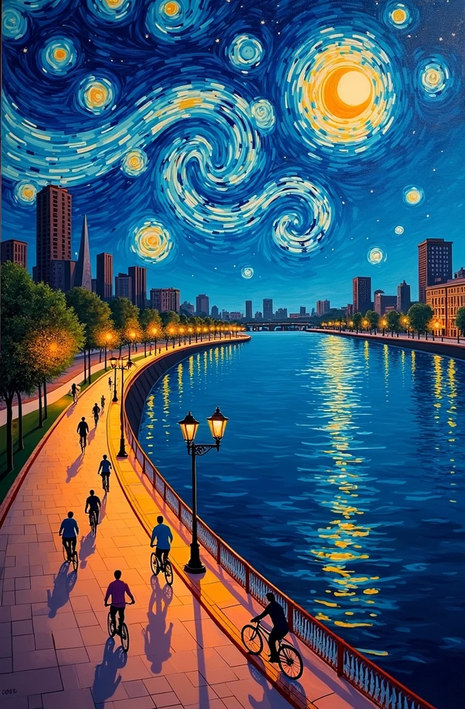 Painting of the Malecon in the city of Guayaquil in the style of Van Gogh&#39;s Starry Night