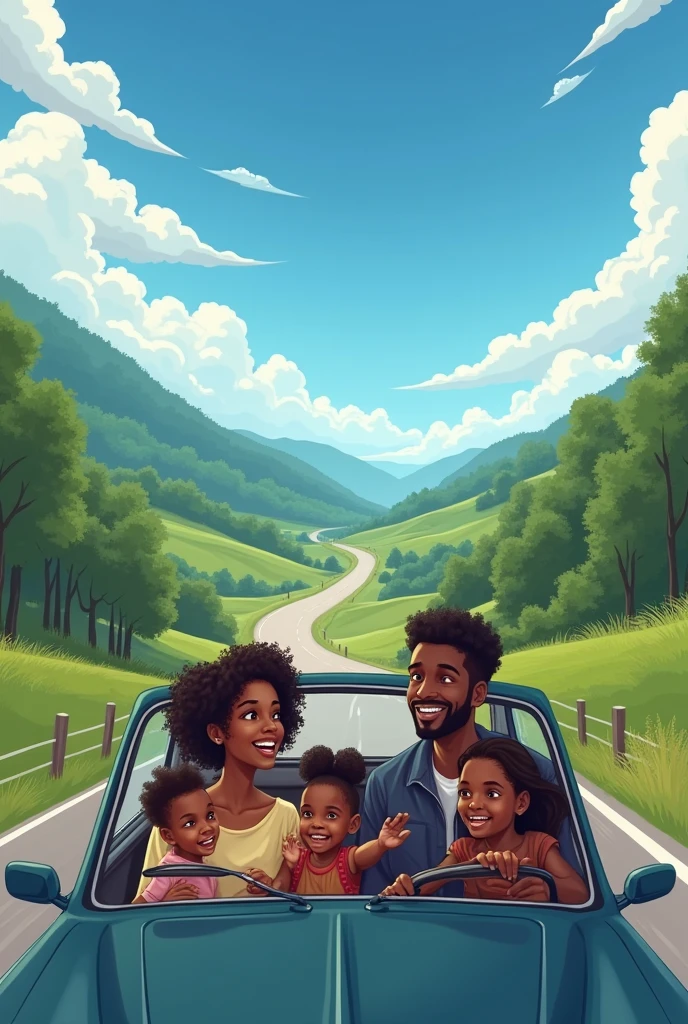 A black family driving in a car with two girls and a mother and a father as the driver