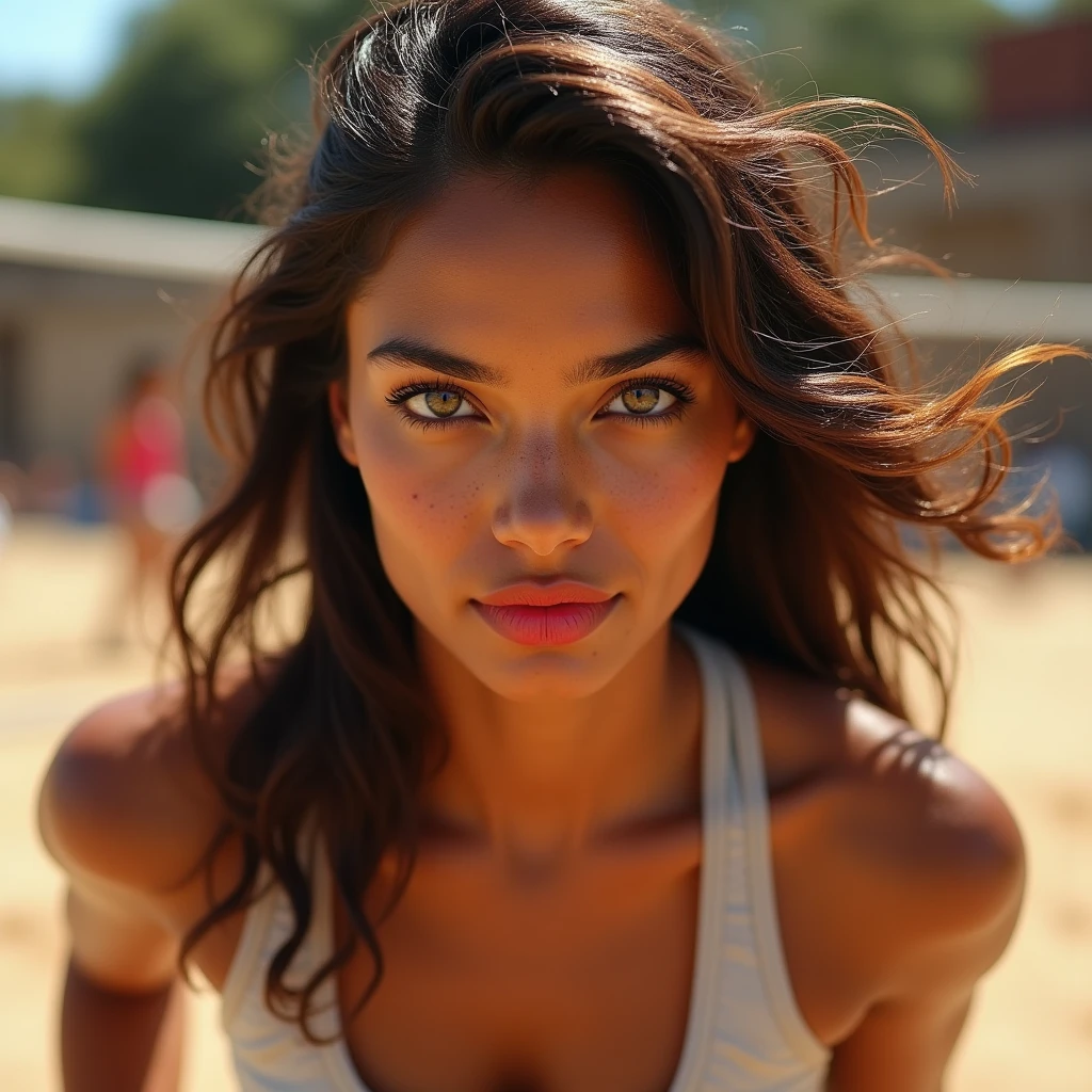 A photorealistic full body of a stunningly beautiful tanned nude Brazilian female supermodel with light make-up, dressed with an ice-blue bathrobe, photo for the cover of a fashion magazine, extremely detailed light honey eyes, detailed symmetric realistic face, extremely detailed natural texture, peach fuzz, windy messy orange hair, masterpiece, absurdres, award winning photo by lee jeffries, nikon d850 film stock photograph, kodak portra 400 camera f1.6 lens, extremely detailed, amazing, fine detail, rich colors, hyper realistic lifelike texture, dramatic lighting, unrealengine, trending on artstation, cinestill 800 tungsten, looking at the viewer, photo realistic, RAW photo, TanvirTamim, high quality, highres, sharp focus, extremely detailed, cinematic lighting, 8k uhd,-imagine-