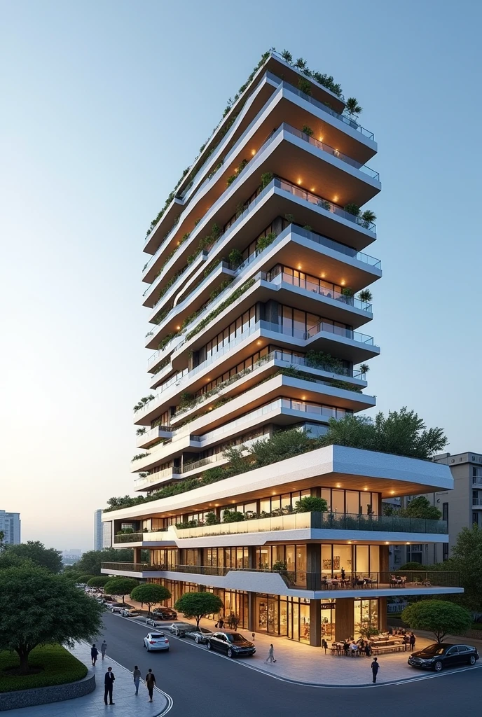 Create a realistic image of a modern building located in Mar del Plata, Argentina, where the César Pelli towers currently stand. The building features a commercial ground floor with shops and restaurants, blending seamlessly with the urban surroundings. Above the commercial base, there are two distinct volumes: one is a stepped, horizontal structure designed as a hotel, with wide terraces and green spaces on each level, giving it a cascading effect. The other volume is a residential tower with a more vertical design, featuring spacious balconies and large windows that capture ocean views. Both structures are modern and integrate well with the coastal environment, combining luxury with a functional design.