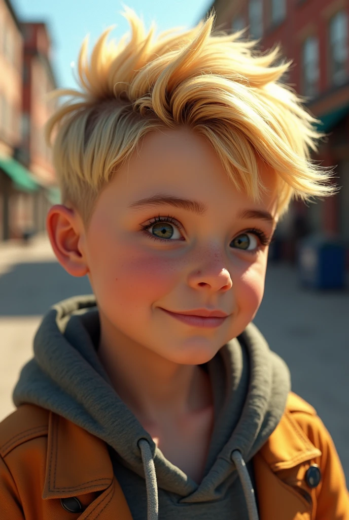 Model boy kid with blonde hair is styled in a modern and trendy manner, with a voluminous top that is swept to one side and slightly textured. The sides are closely trimmed, creating a contrast with the longer hair on top epic realism
High Resolution, Social Realism,