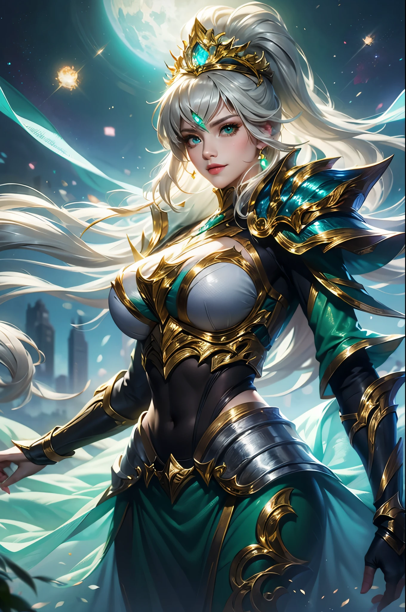 Ultra HD、Ultra-clear、White and beautiful translucent skin、Beautiful and well-proportioned face、Cute smile、Saint Seiya of Libra、Covers the whole body in silver armor、A holy knight in silver armor、Platinum tiara、Silver armor covered in flashy carvings、Heavy silver armor、Translucent beautiful green eyes、Blonde Short-Haired、Big Breasts、Outer space background、ponytail、