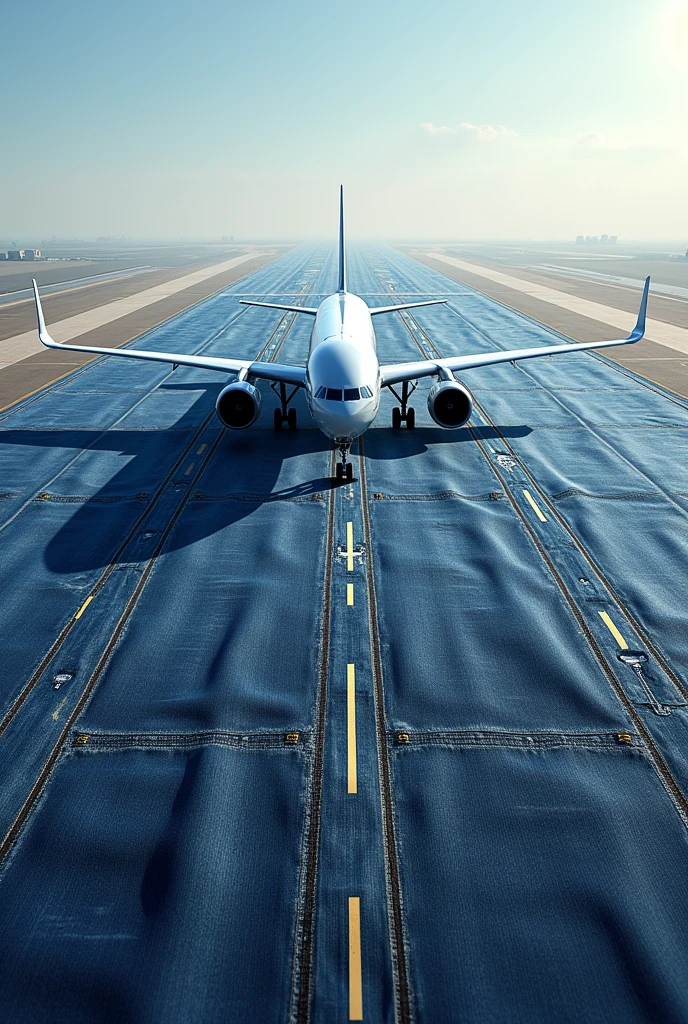 A plane lands on a pair of jeans and the seams are the lines on the ground 