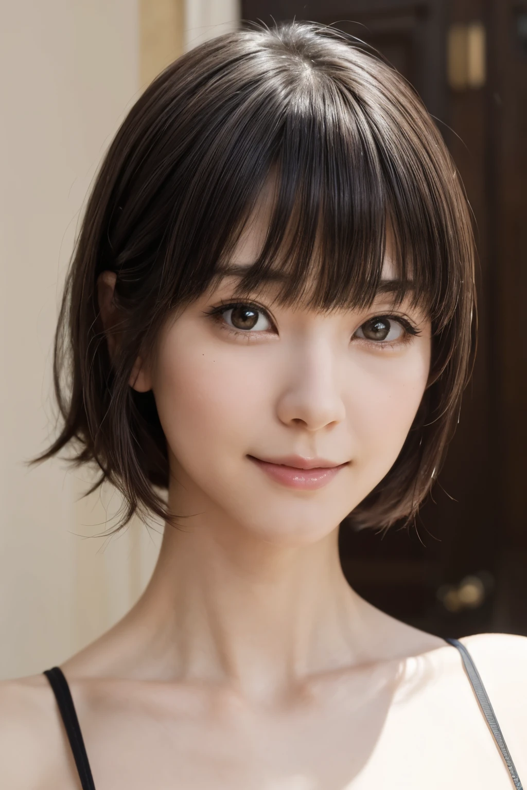 ((masterpiece, Highest quality, High resolution、Realisticですべてが美しく詳細に描かれている)), 1 person, (Realistic: 1.4), alone, White Background, snow-White Background, Mouth closed, smile, smile, Beautiful black hair, short hair, Big eyes, Transparent double eyelids, eyelash, Listen carefully, Long neck, 美しくLong neck, Absolute area, ((Face close-up)), (Draw the whole head, shoulder), 1, Attractive proportions, Glowing Skin, Beautiful clavicle, Golden ratio face, Perfect Face, Teardrop-shaped mole, chestのほくろ, bangs, clean bangs, beautiful bangs, Lip gloss, Thin lips, Fair skin, naked, Big Breasts, {Huge|big|Hugeな|Mega} chest:2, chestの谷間:2,chestの谷間を見せる、Small face, Small face, All the heads are painted, shoulder all drawn, Point slightly above the camera