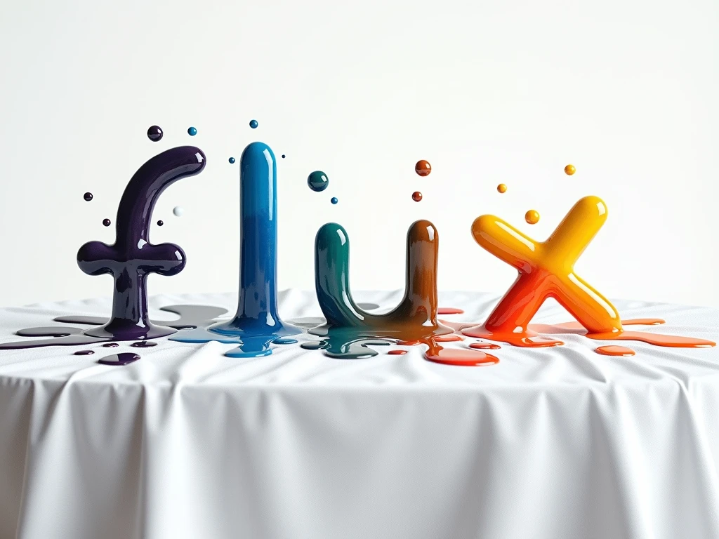 a white sheet on a table, with the word "FLUX" made with separated drops of colored oil paints, realistic photography,