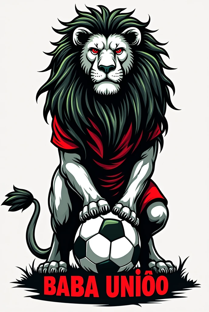 create a logo of a black and white lion with dreadlocks in his mane with the colors red and green standing and stepping on a soccer ball dressed in a soccer team uniform without a shield or markings with the colors red and green written large on the BABA UNIÃO