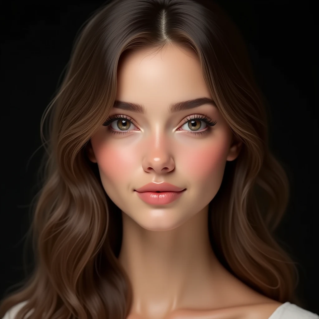 "Create a hyperrealistic portrait of a female model with delicate features. The model has a face with delicate features. Her eyes are beautiful, well defined light brown color, almond-shaped and a soft light brown color, framed by long dark eyelashes. She has finely arched eyebrows that complement the delicate structure of her face.. His nose is small and elegant, and her lips are full with a soft natural brown tone. Her hair is long, wavy and light brown, falling gently on his shoulders. The expression on her face is serene and graceful., with a slight hint of a smile. The background must be black, professional study, Professional lighting enhances and highlights the focus on your delicate features. The lighting is soft and even, highlighting the subtle contours of your face, giving the image a warm and cozy feel. maxima defincion
