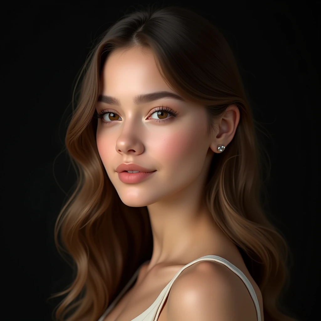 "Create a hyperrealistic portrait of a female model with delicate features. The model has a face with delicate features. Her eyes are beautiful, well defined light brown color, almond-shaped and a soft light brown color, framed by long dark eyelashes. She has finely arched eyebrows that complement the delicate structure of her face.. His nose is small and elegant, and her lips are full with a soft natural brown tone. Her hair is long, wavy and light brown, falling gently on his shoulders. The expression on her face is serene and graceful., with a slight hint of a smile. The background must be black, professional study, Professional lighting enhances and highlights the focus on your delicate features. The lighting is soft and even, highlighting the subtle contours of your face, giving the image a warm and cozy feel. maxima defincion