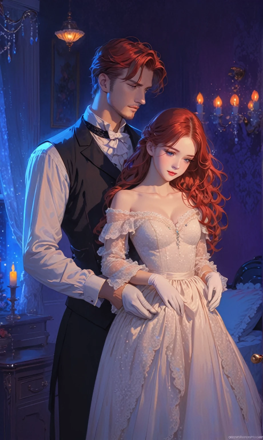 victorian style, masterpiece, Beautiful illustration, a man with red hair in a white shirt and a dark vest stands behind a girl, girl with red hair, in a beige lace dress, the dress is decorated with pearls, The girl has white gloves on her hands, A man looks at a girl, in the background is a bedroom, night, Blue & Violet Light, Light from candles, the girl&#39;s dress is down below the shoulders, there is a pearl necklace on the girl&#39;s neck