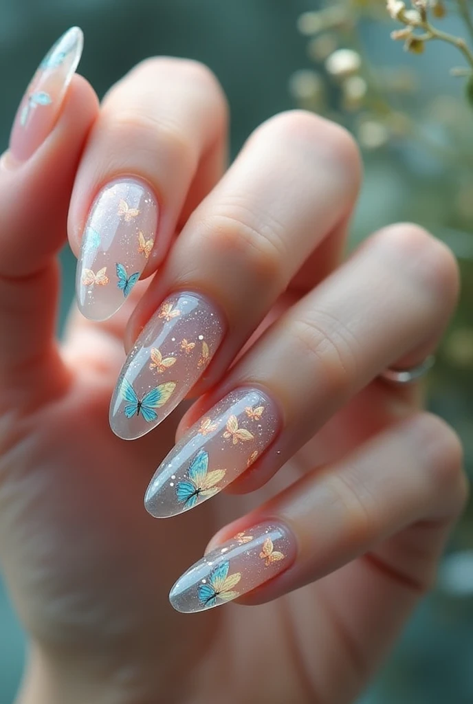 Make me nails inspired by buttefly, glass and has 3D effects