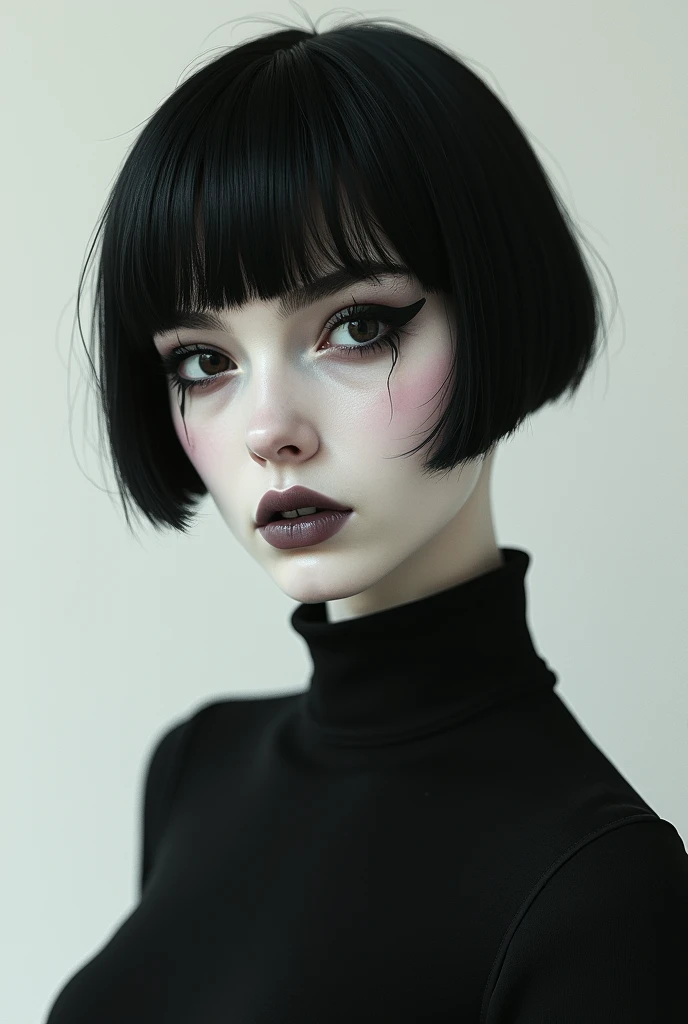 Tall woman with very white skin extremely black eyes and hair also straight hair short tomboy styles with eyebrow piercing and a thin face