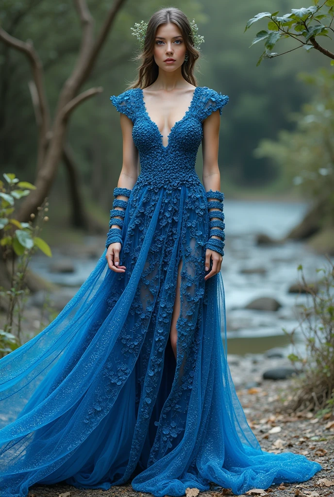 Blue dress, con un corse seeds, with straps on the forearm, long with slit to the knee, seeds